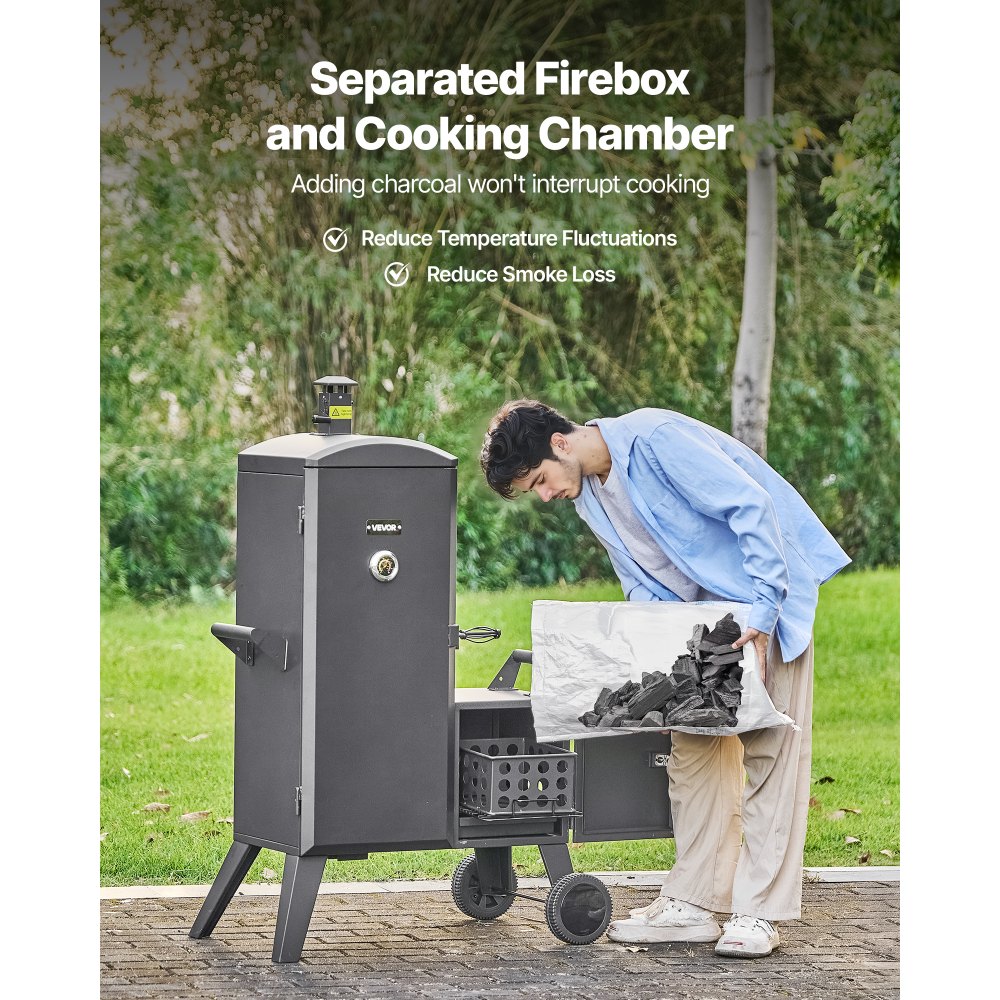VEVOR Charcoal Offset Smoker, Heavy-Duty Steel BBQ Offset Smoker with Side Firebox, Movable Outdoor Barbecue Smokers with 6 Adjustable Grates, Thermometer & Air Vents for Backyard Patio Party Cooking