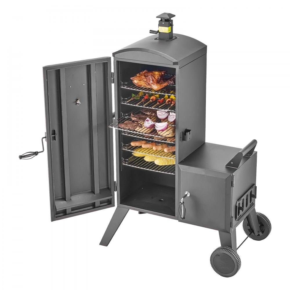 VEVOR Charcoal Offset Smoker, Heavy-Duty Steel BBQ Offset Smoker with Side Firebox, Movable Outdoor Barbecue Smokers with 6 Adjustable Grates, Thermometer & Air Vents for Backyard Patio Party Cooking