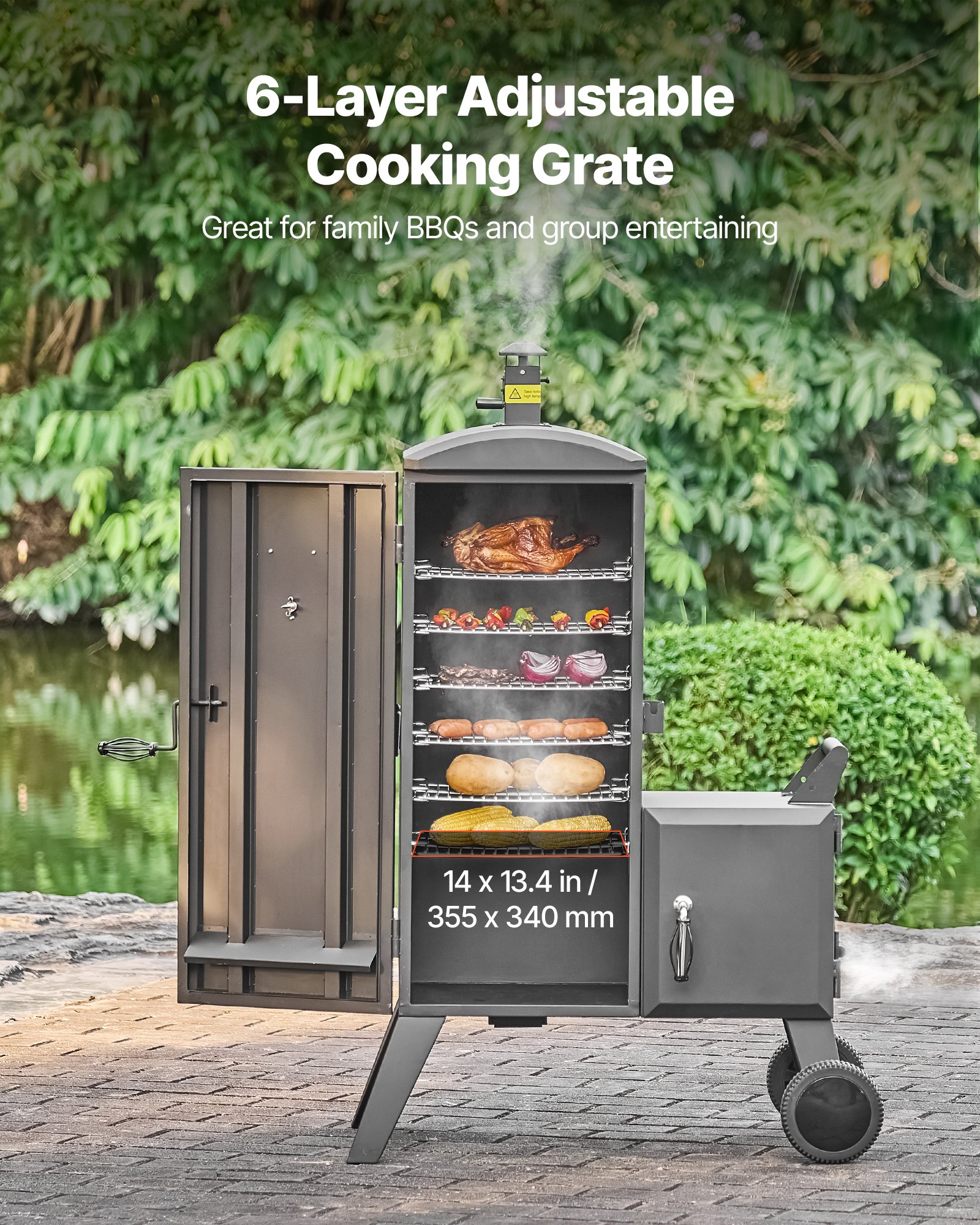 VEVOR Charcoal Offset Smoker, Heavy-Duty Steel BBQ Offset Smoker with Side Firebox, Movable Outdoor Barbecue Smokers with 6 Adjustable Grates, Thermometer & Air Vents for Backyard Patio Party Cooking
