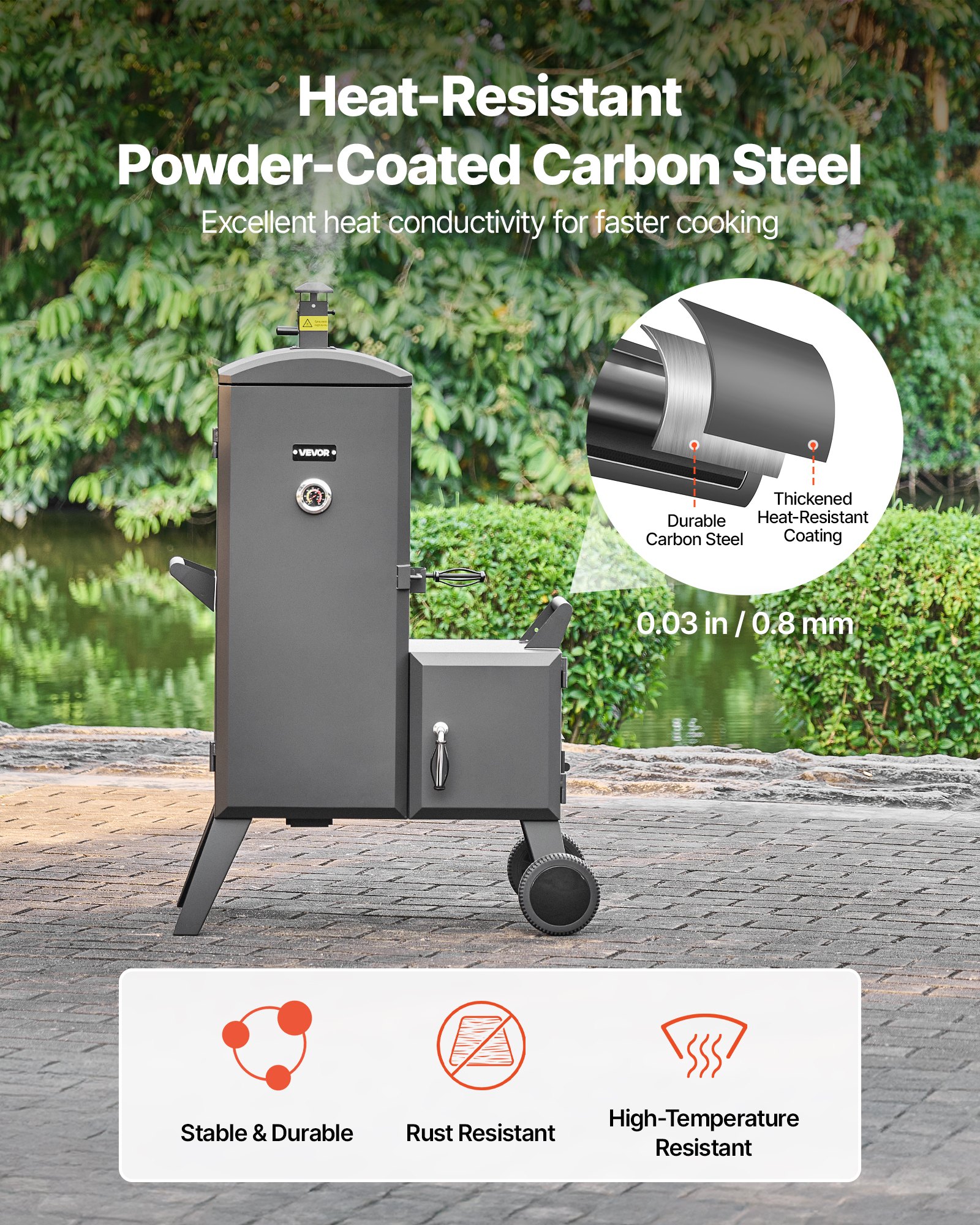 VEVOR Charcoal Offset Smoker, Heavy-Duty Steel BBQ Offset Smoker with Side Firebox, Movable Outdoor Barbecue Smokers with 6 Adjustable Grates, Thermometer & Air Vents for Backyard Patio Party Cooking