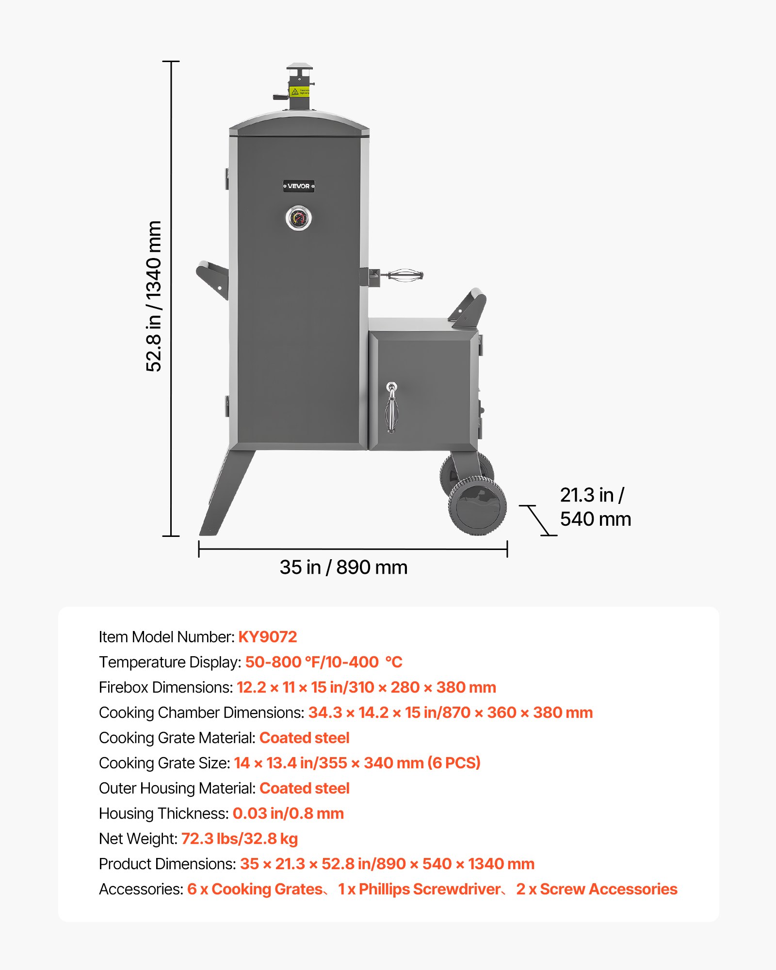 VEVOR Charcoal Offset Smoker, Heavy-Duty Steel BBQ Offset Smoker with Side Firebox, Movable Outdoor Barbecue Smokers with 6 Adjustable Grates, Thermometer & Air Vents for Backyard Patio Party Cooking