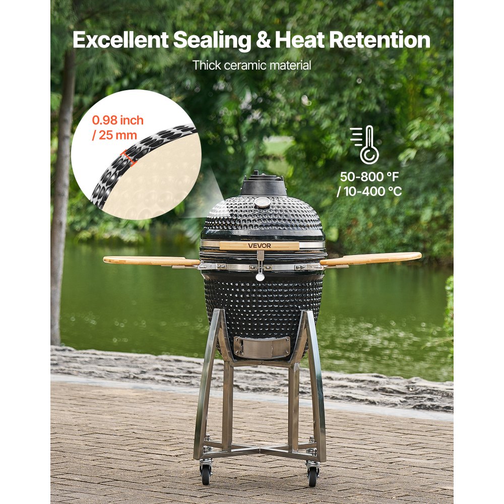 VEVOR Charcoal Smoker and Grill, 450mm Kamado Charcoal BBQ Smoker, Movable Ceramic Barbecue Grill with 4 Wheels (2 Lockable), Built-in Thermometer, Air Vent & Side Shelf for Outdoor Patio Yard Cooking