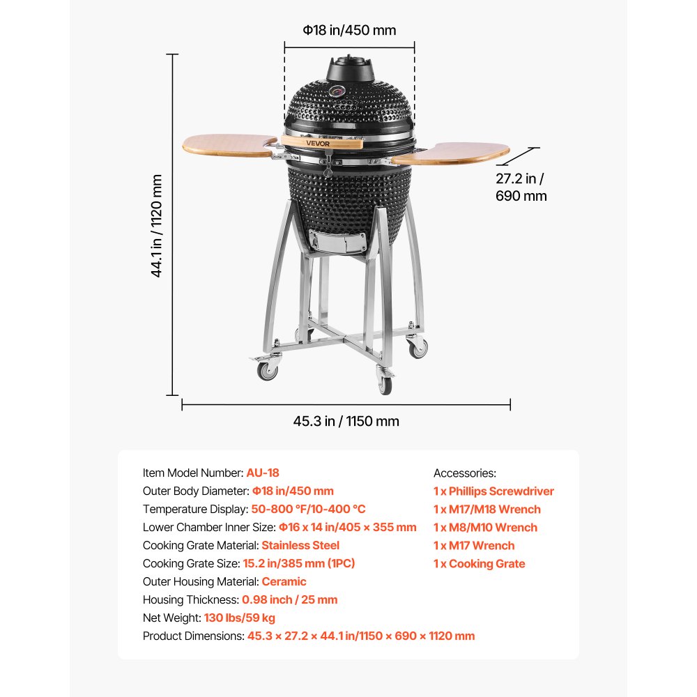 VEVOR Charcoal Smoker and Grill, 450mm Kamado Charcoal BBQ Smoker, Movable Ceramic Barbecue Grill with 4 Wheels (2 Lockable), Built-in Thermometer, Air Vent & Side Shelf for Outdoor Patio Yard Cooking