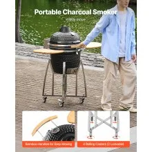 VEVOR Charcoal Smoker and Grill, 18" Kamado Charcoal BBQ Smoker, Movable Ceramic Barbecue Grill with 4 Wheels (2 Lockable), Built-in Thermometer, Air Vents & Side Shelf for Outdoor Patio Yard Cooking