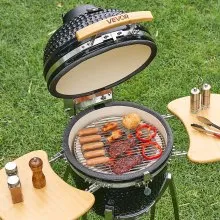 VEVOR Charcoal Smoker and Grill, 18" Kamado Charcoal BBQ Smoker, Movable Ceramic Barbecue Grill with 4 Wheels (2 Lockable), Built-in Thermometer, Air Vents & Side Shelf for Outdoor Patio Yard Cooking
