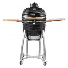 VEVOR Charcoal Smoker and Grill, 18" Kamado Charcoal BBQ Smoker, Movable Ceramic Barbecue Grill with 4 Wheels (2 Lockable), Built-in Thermometer, Air Vents & Side Shelf for Outdoor Patio Yard Cooking