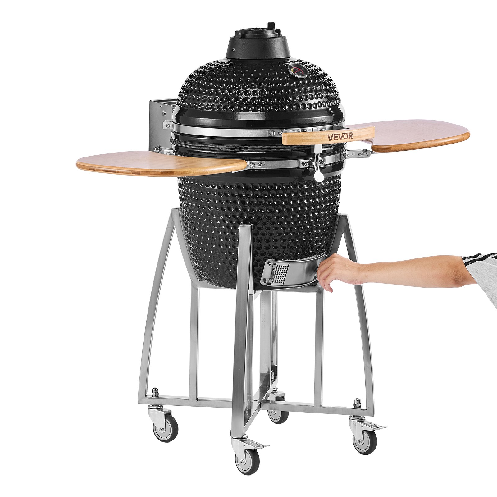 VEVOR Charcoal Smoker and Grill, 450mm Kamado Charcoal BBQ Smoker, Movable Ceramic Barbecue Grill with 4 Wheels (2 Lockable), Built-in Thermometer, Air Vent & Side Shelf for Outdoor Patio Yard Cooking