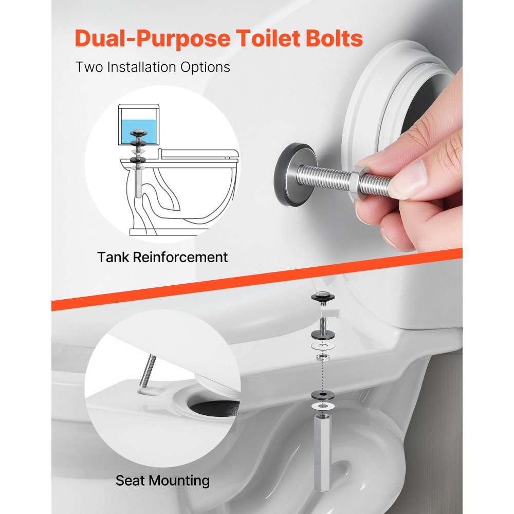 VEVOR Universal Toilet Seat Bolts Kit, 2PCS Metal Heavy Duty Toilet Tank Bolts, Stainless Steel Toilet Seat Screws Replacement Kit with Long Downlock Nuts, Rubber Washers Gaskets, Toilet Repair Screw
