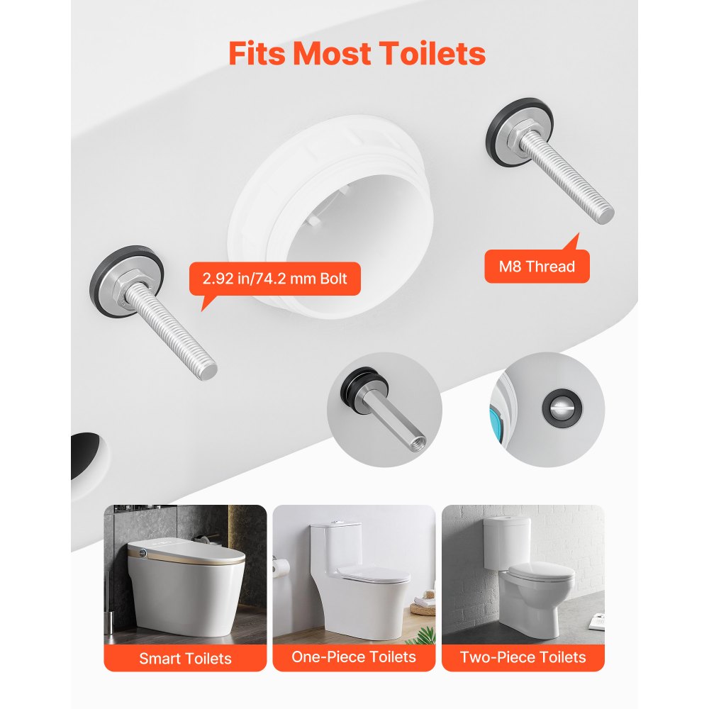 VEVOR Universal Toilet Seat Bolts Kit, 2PCS Metal Heavy Duty Toilet Tank Bolts, Stainless Steel Toilet Seat Screws Replacement Kit with Long Downlock Nuts, Rubber Washers Gaskets, Toilet Repair Screw