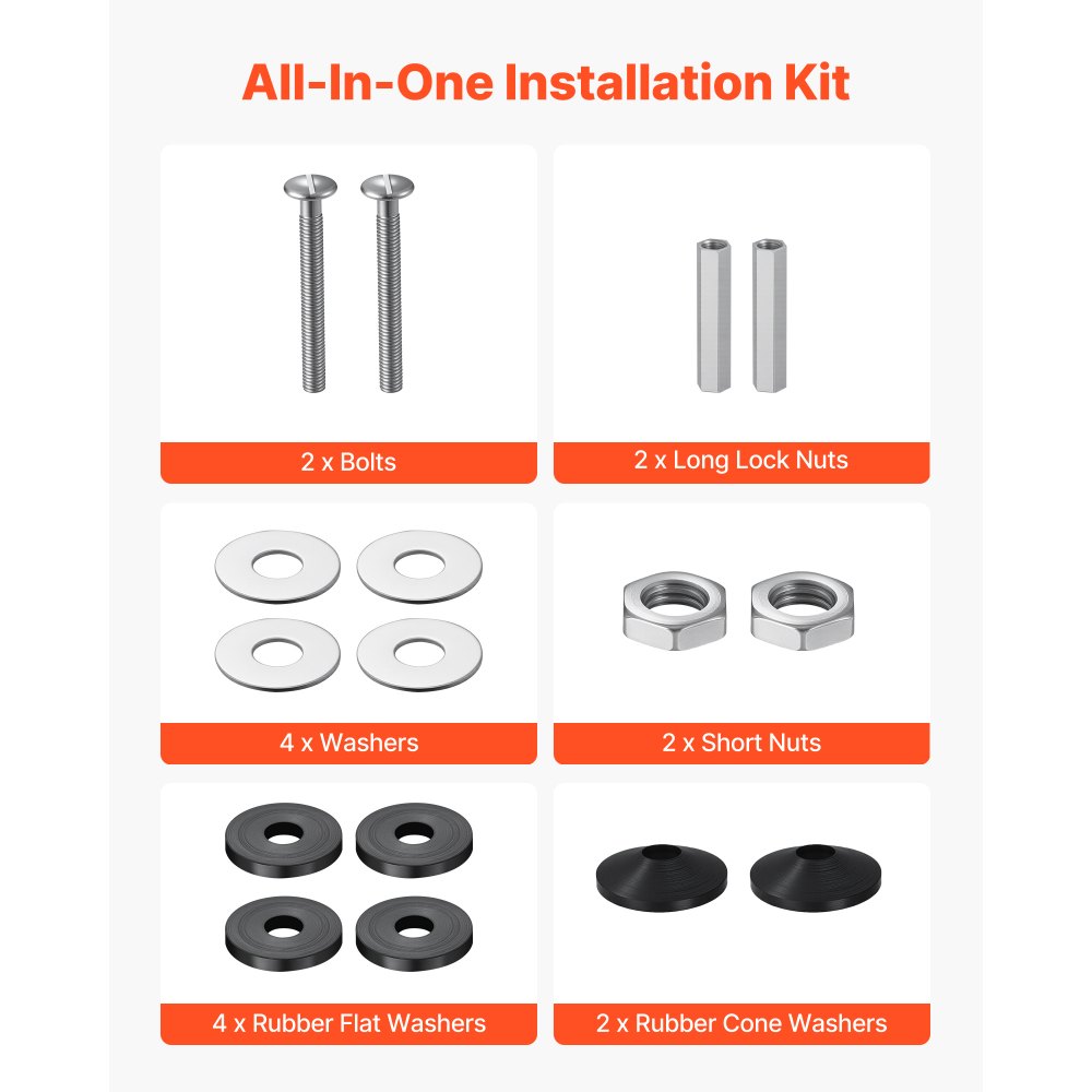 VEVOR Universal Toilet Seat Bolts Kit, 2PCS Metal Heavy Duty Toilet Tank Bolts, Stainless Steel Toilet Seat Screws Replacement Kit with Long Downlock Nuts, Rubber Washers Gaskets, Toilet Repair Screw