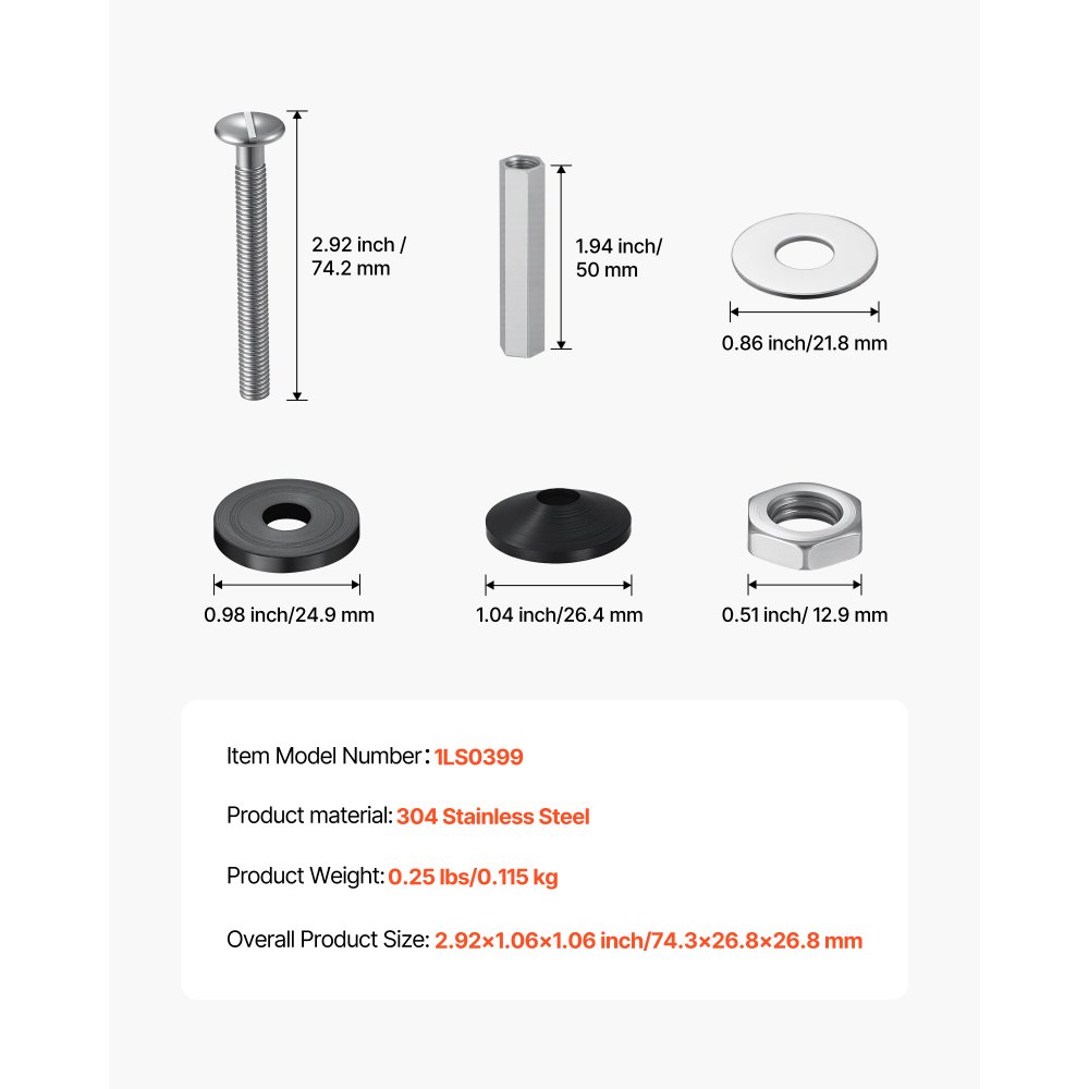 VEVOR Universal Toilet Seat Bolts Kit, 2PCS Metal Heavy Duty Toilet Tank Bolts, Stainless Steel Toilet Seat Screws Replacement Kit with Long Downlock Nuts, Rubber Washers Gaskets, Toilet Repair Screw