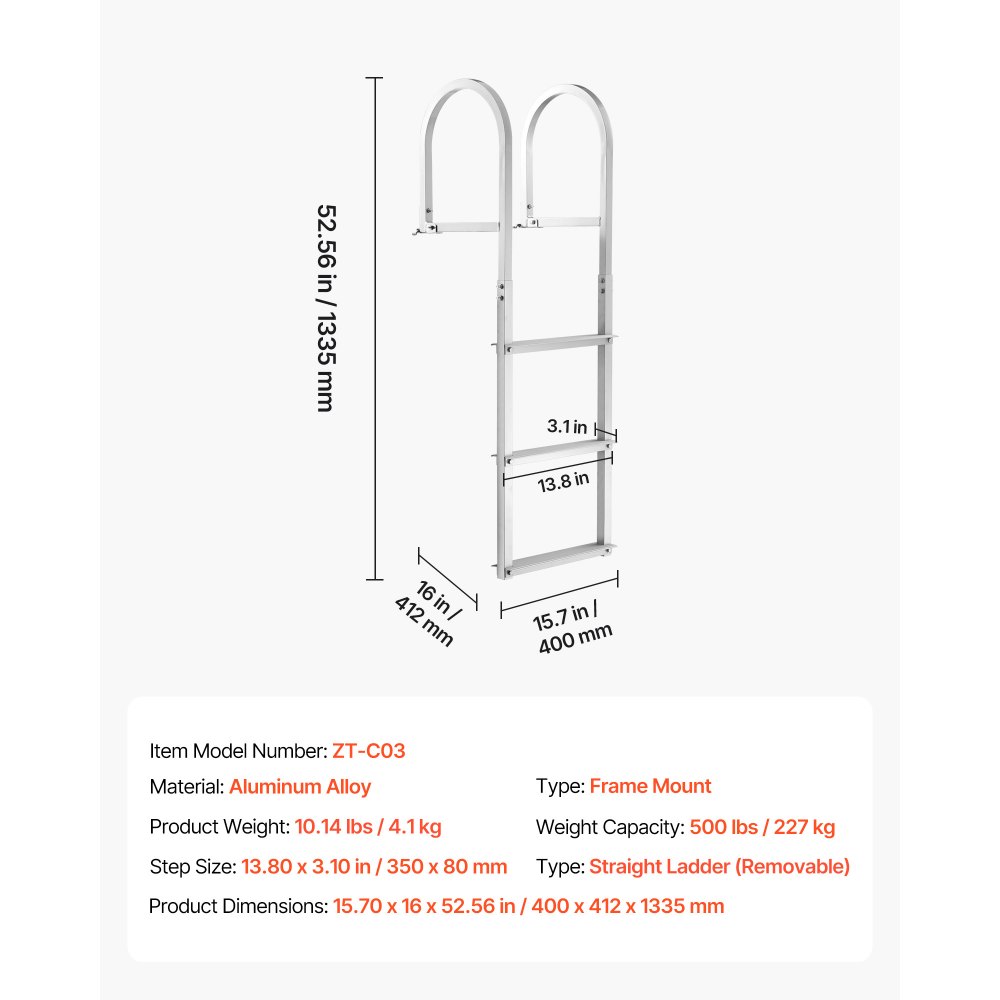 VEVOR Dock Ladder, Removable 3 Steps, 227 kg Load Capacity, Aluminum Alloy Pontoon Boat Ladder with 7.9 cm Wide Step & Nonslip Rubber Mat, Easy to Install for Ship/Lake/Pool/Marine Boarding