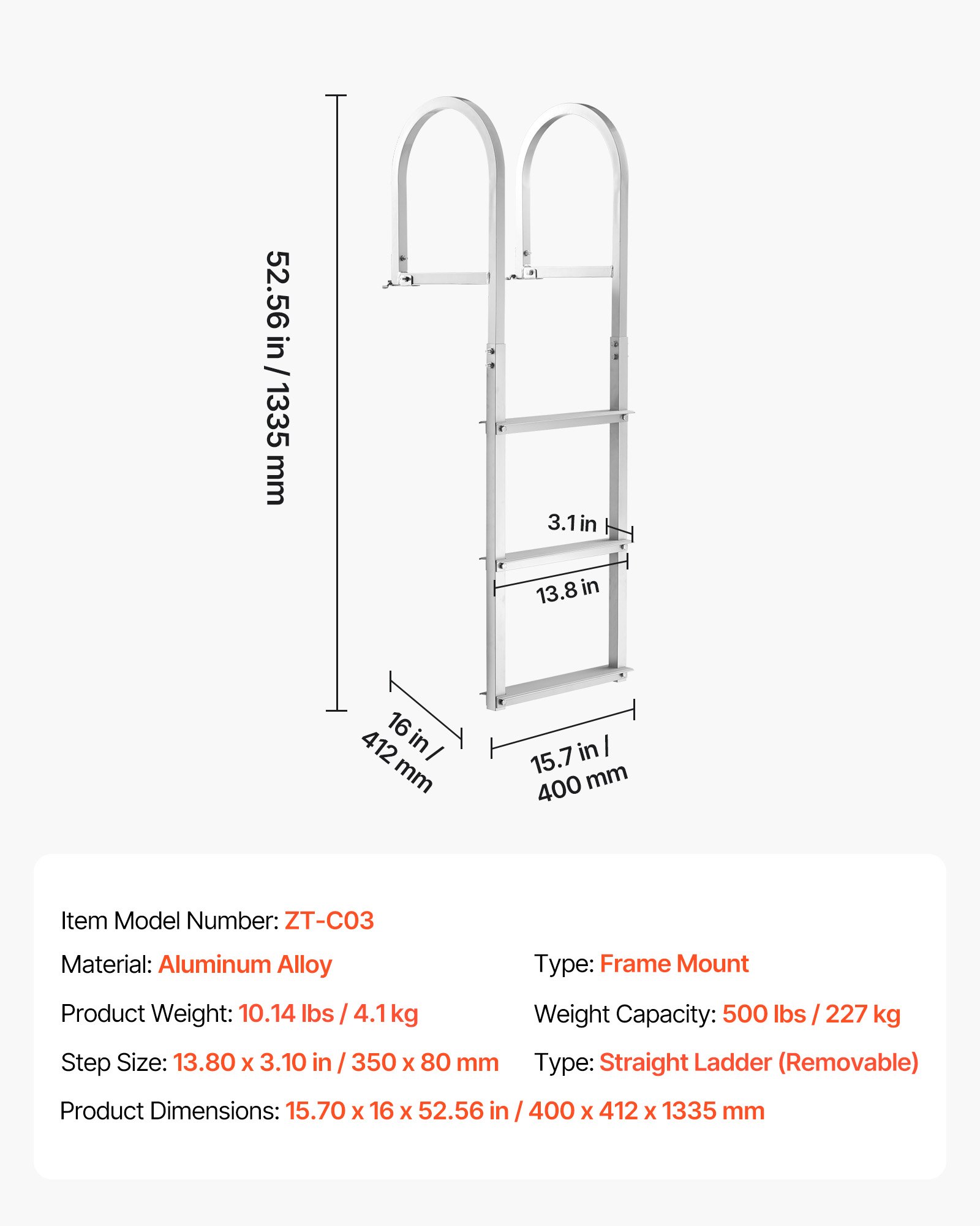 VEVOR Dock Ladder, Removable 3 Steps, 227 kg Load Capacity, Aluminum Alloy Pontoon Boat Ladder with 7.9 cm Wide Step & Nonslip Rubber Mat, Easy to Install for Ship/Lake/Pool/Marine Boarding