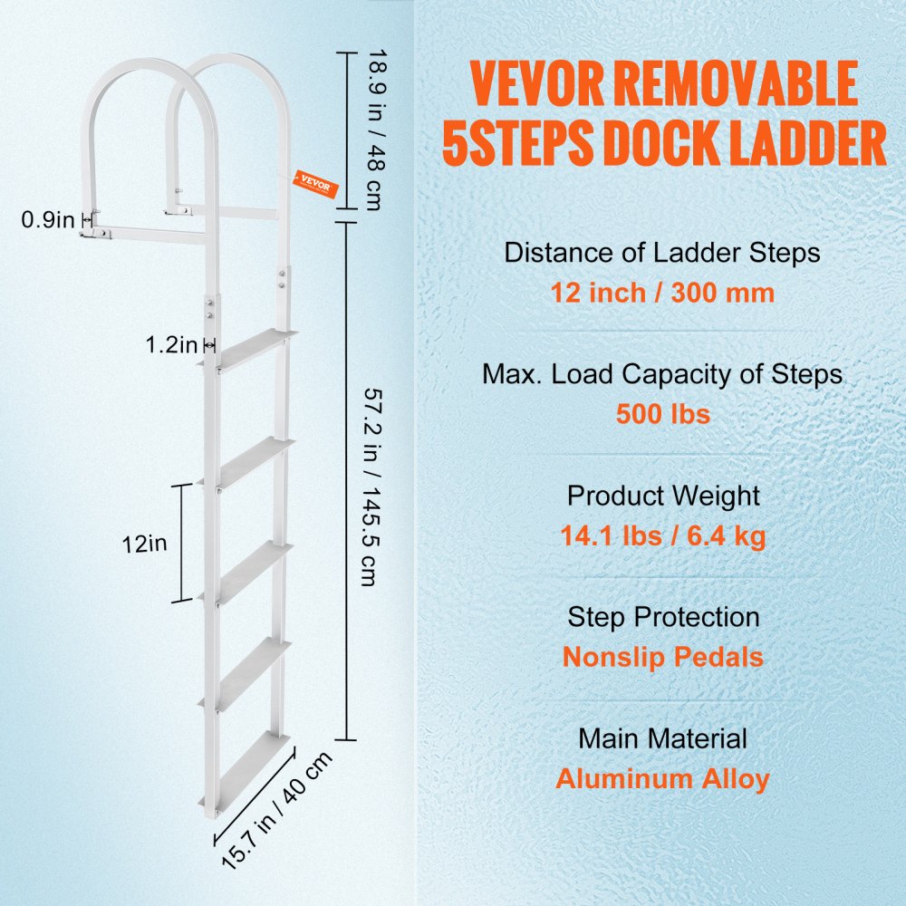 VEVOR Dock Ladder, Removable 5 Steps, 227 kgs Load Capacity, Aluminum Alloy Pontoon Boat Ladder with 3.1'' Wide Step & Nonslip Rubber Mat, Easy to Install for Ship/Lake/Pool/Marine Boarding