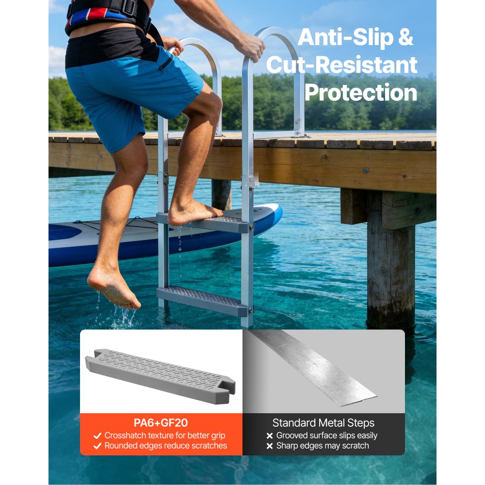 VEVOR Removable Dock Ladder, 5 Steps, Aluminum Alloy Pontoon Boat Swim Ladder, with Non-Slip Wide PP Steps, 227 kg Weight Capacity, Quick Release Design, for Lake Swimming, Pool, Marine Boarding