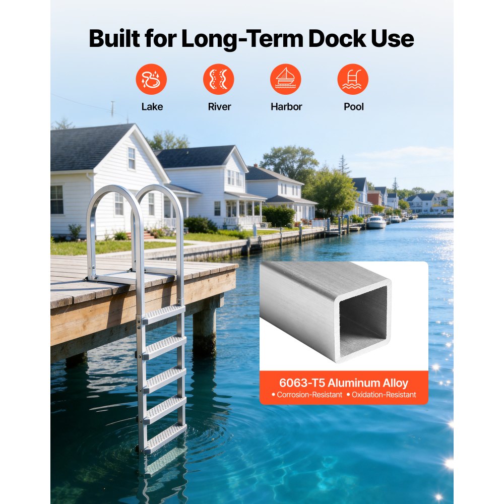 VEVOR Removable Dock Ladder, 5 Steps, Aluminum Alloy Pontoon Boat Swim Ladder, with Non-Slip Wide PP Steps, 227 kg Weight Capacity, Quick Release Design, for Lake Swimming, Pool, Marine Boarding