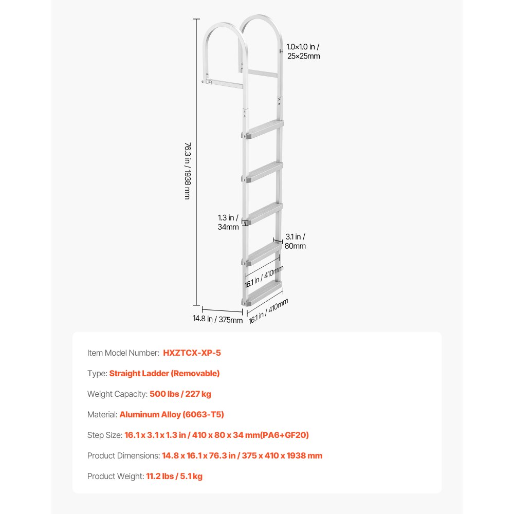 VEVOR Removable Dock Ladder, 5 Steps, Aluminum Alloy Pontoon Boat Swim Ladder, with Non-Slip Wide PP Steps, 227 kg Weight Capacity, Quick Release Design, for Lake Swimming, Pool, Marine Boarding