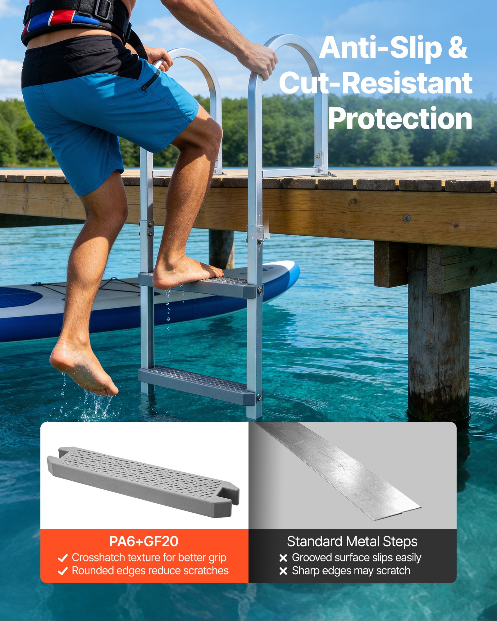 VEVOR Removable Dock Ladder, 5 Steps, Aluminum Alloy Pontoon Boat Swim Ladder, with Non-Slip Wide PP Steps, 227 kg Weight Capacity, Quick Release Design, for Lake Swimming, Pool, Marine Boarding