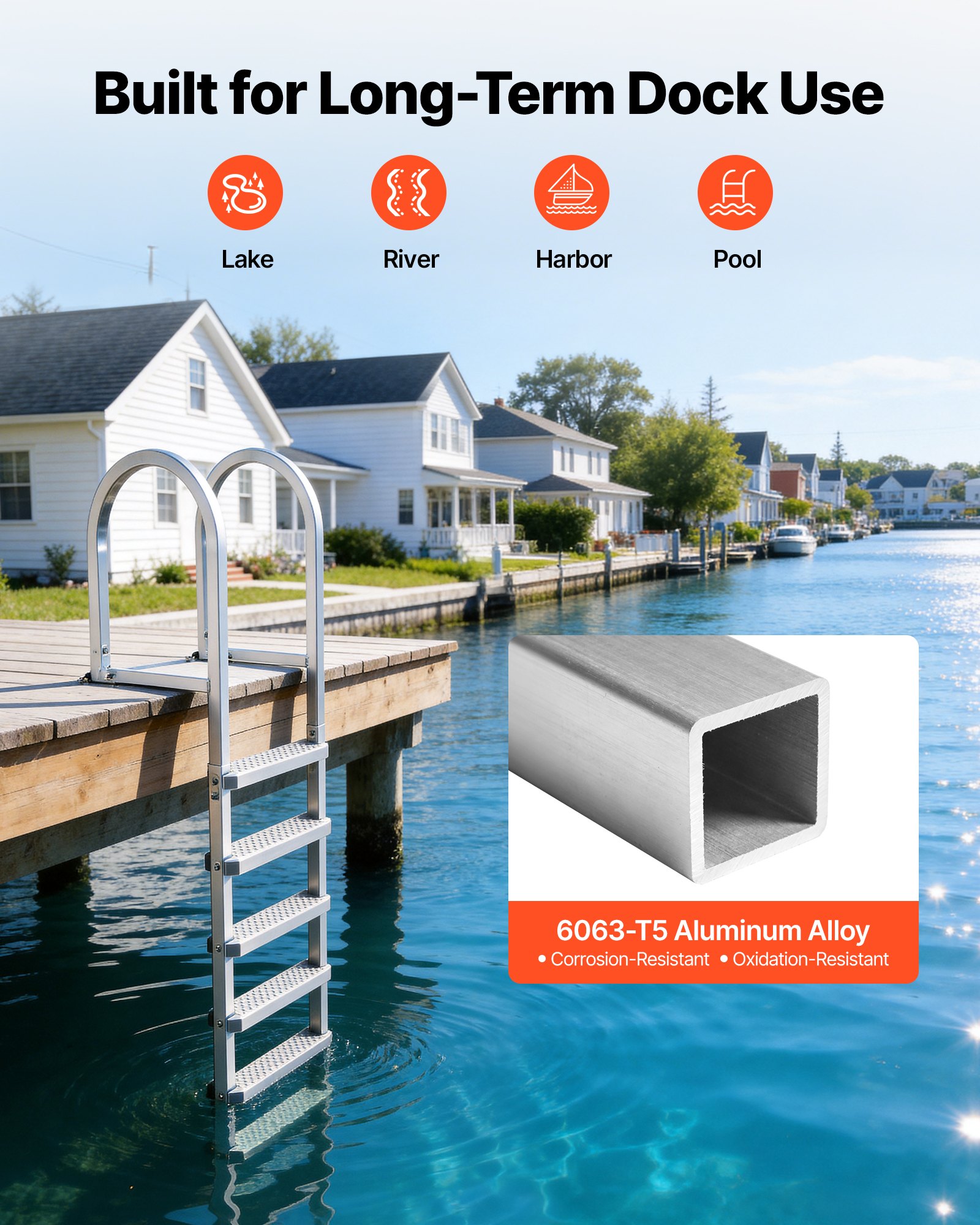 VEVOR Removable Dock Ladder, 5 Steps, Aluminum Alloy Pontoon Boat Swim Ladder, with Non-Slip Wide PP Steps, 227 kg Weight Capacity, Quick Release Design, for Lake Swimming, Pool, Marine Boarding