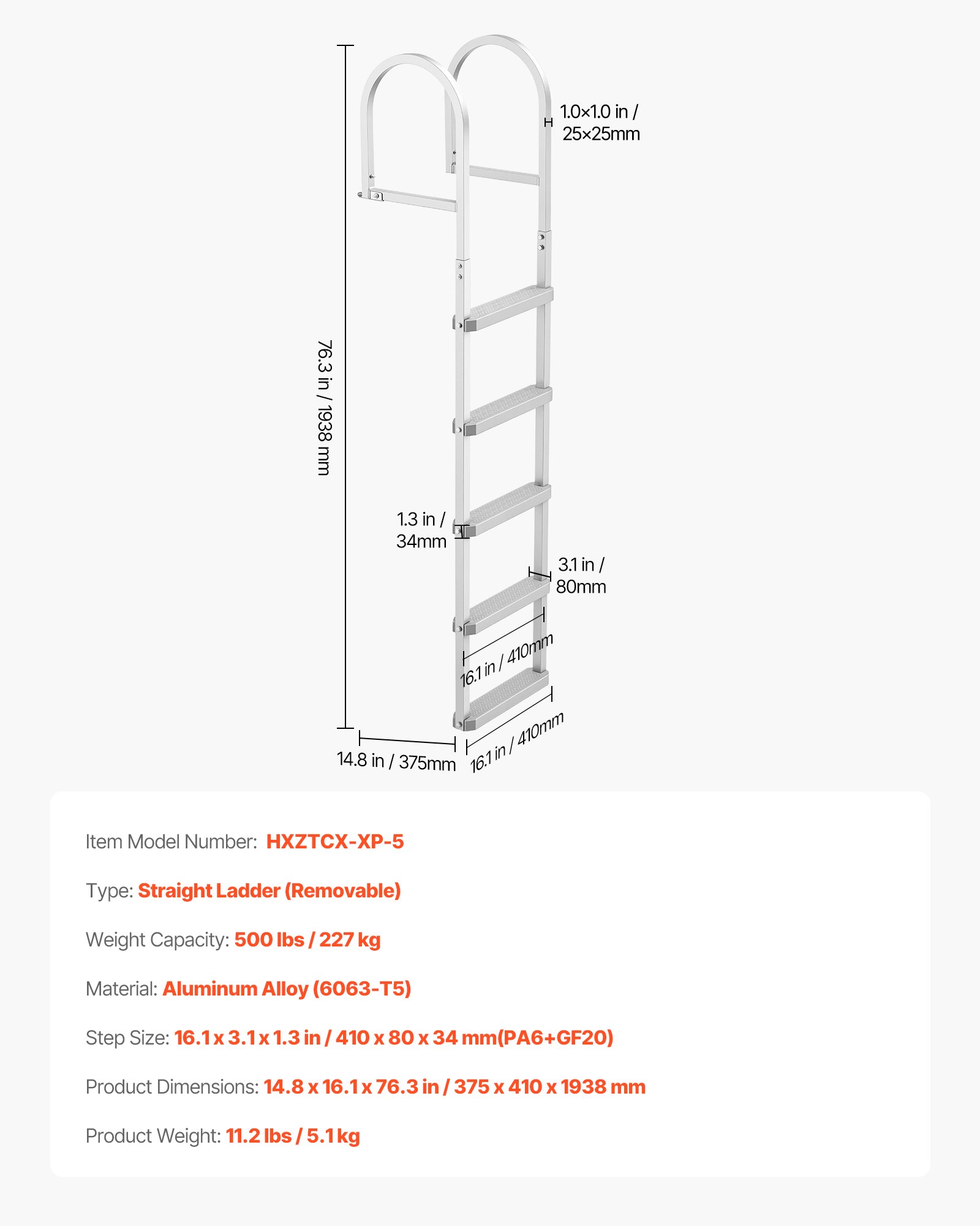 VEVOR Removable Dock Ladder, 5 Steps, Aluminum Alloy Pontoon Boat Swim Ladder, with Non-Slip Wide PP Steps, 227 kg Weight Capacity, Quick Release Design, for Lake Swimming, Pool, Marine Boarding