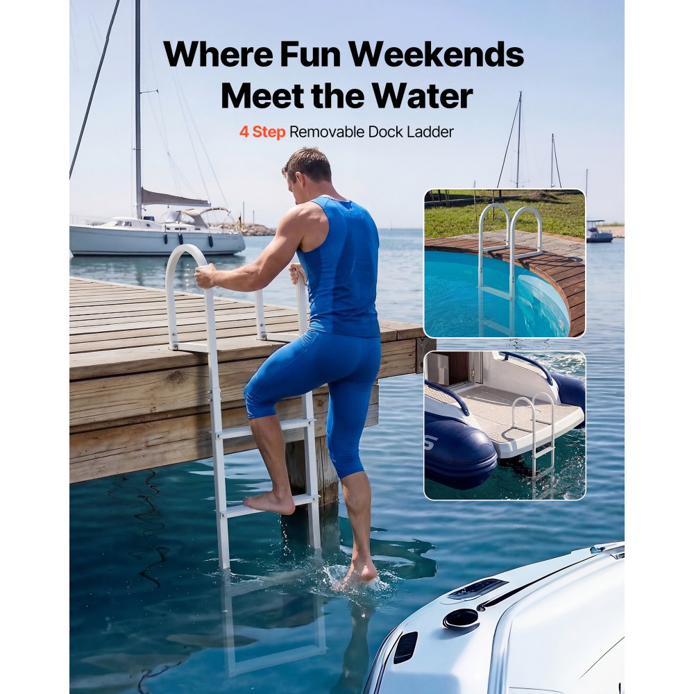 VEVOR Removable Dock Ladder, 4 Steps, Aluminum Alloy Pontoon Boat Swim Ladder, with Non-Slip Wide Steps, 227 kg Weight Capacity, Quick Release Design, for Lake Swimming, Pool, Boat, Marine Boarding