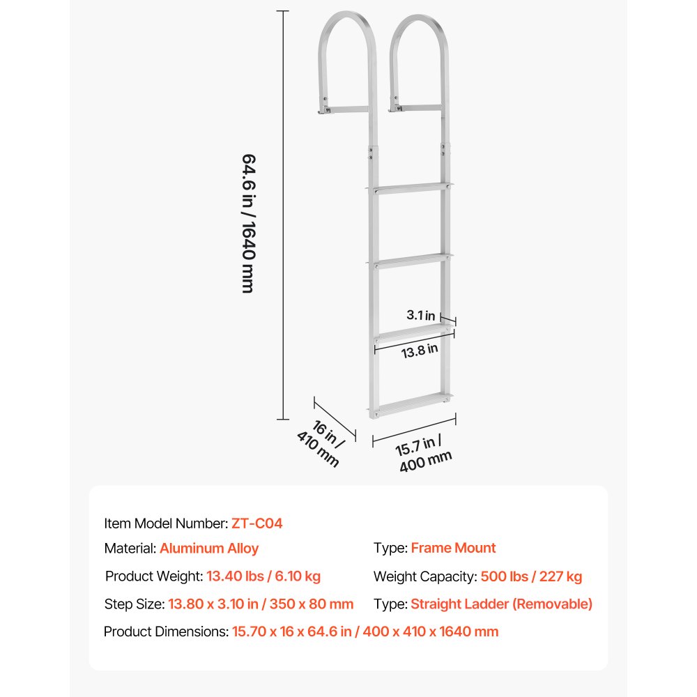 VEVOR Removable Dock Ladder, 4 Steps, Aluminum Alloy Pontoon Boat Swim Ladder, with Non-Slip Wide Steps, 227 kg Weight Capacity, Quick Release Design, for Lake Swimming, Pool, Boat, Marine Boarding