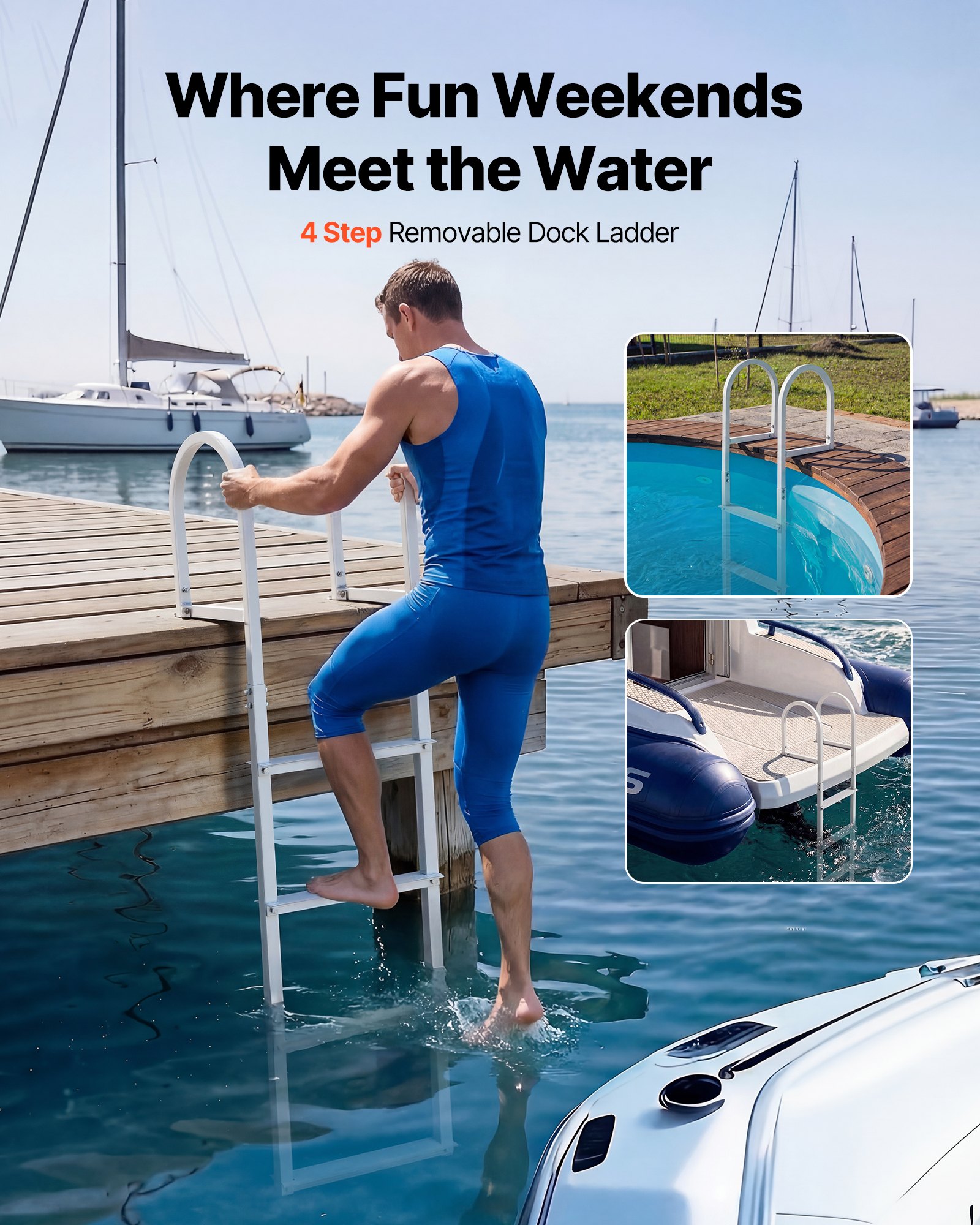 VEVOR Removable Dock Ladder, 4 Steps, Aluminum Alloy Pontoon Boat Swim Ladder, with Non-Slip Wide Steps, 227 kg Weight Capacity, Quick Release Design, for Lake Swimming, Pool, Boat, Marine Boarding