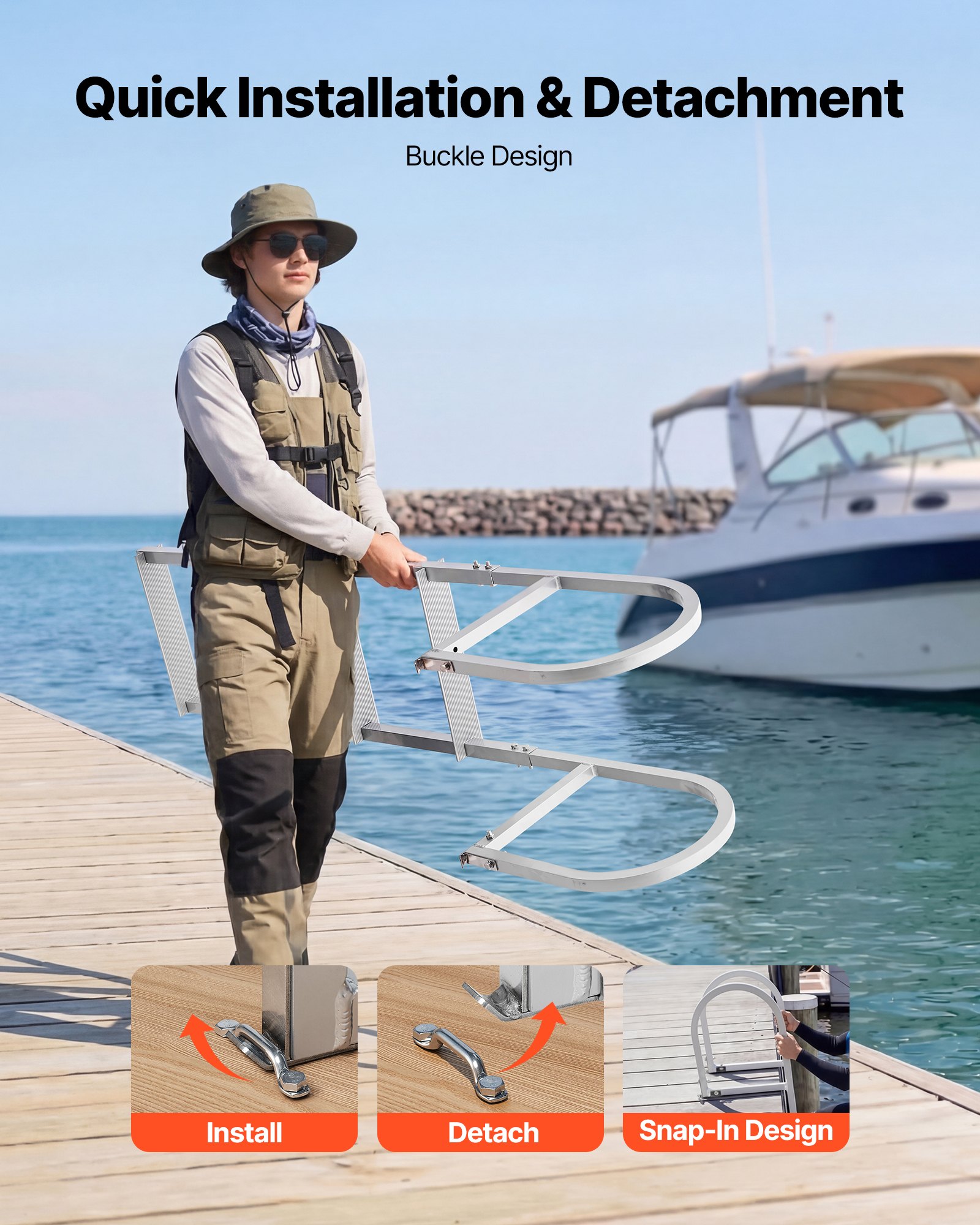 VEVOR Removable Dock Ladder, 4 Steps, Aluminum Alloy Pontoon Boat Swim Ladder, with Non-Slip Wide Steps, 227 kg Weight Capacity, Quick Release Design, for Lake Swimming, Pool, Boat, Marine Boarding