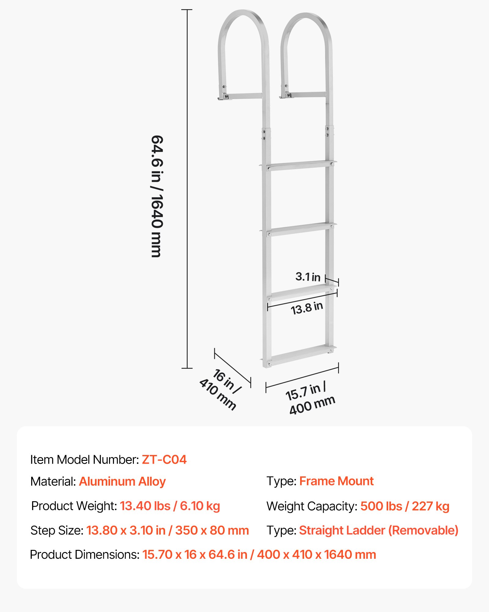 VEVOR Removable Dock Ladder, 4 Steps, Aluminum Alloy Pontoon Boat Swim Ladder, with Non-Slip Wide Steps, 227 kg Weight Capacity, Quick Release Design, for Lake Swimming, Pool, Boat, Marine Boarding