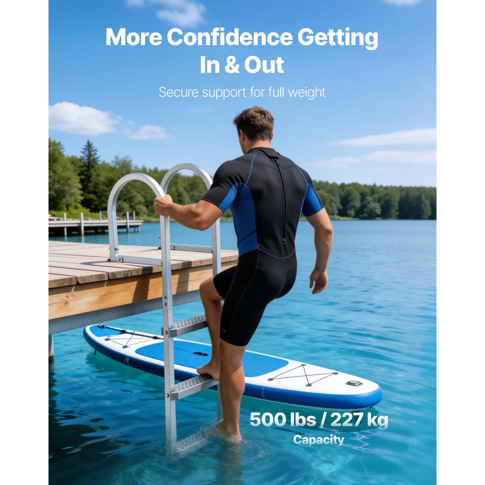 VEVOR Removable Dock Ladder, 3 Steps, Aluminum Alloy Pontoon Boat Swim Ladder, with Non-Slip Wide PP Steps, 227 kg Weight Capacity, Quick Release Design, for Lake Swimming, Pool, Marine Boarding