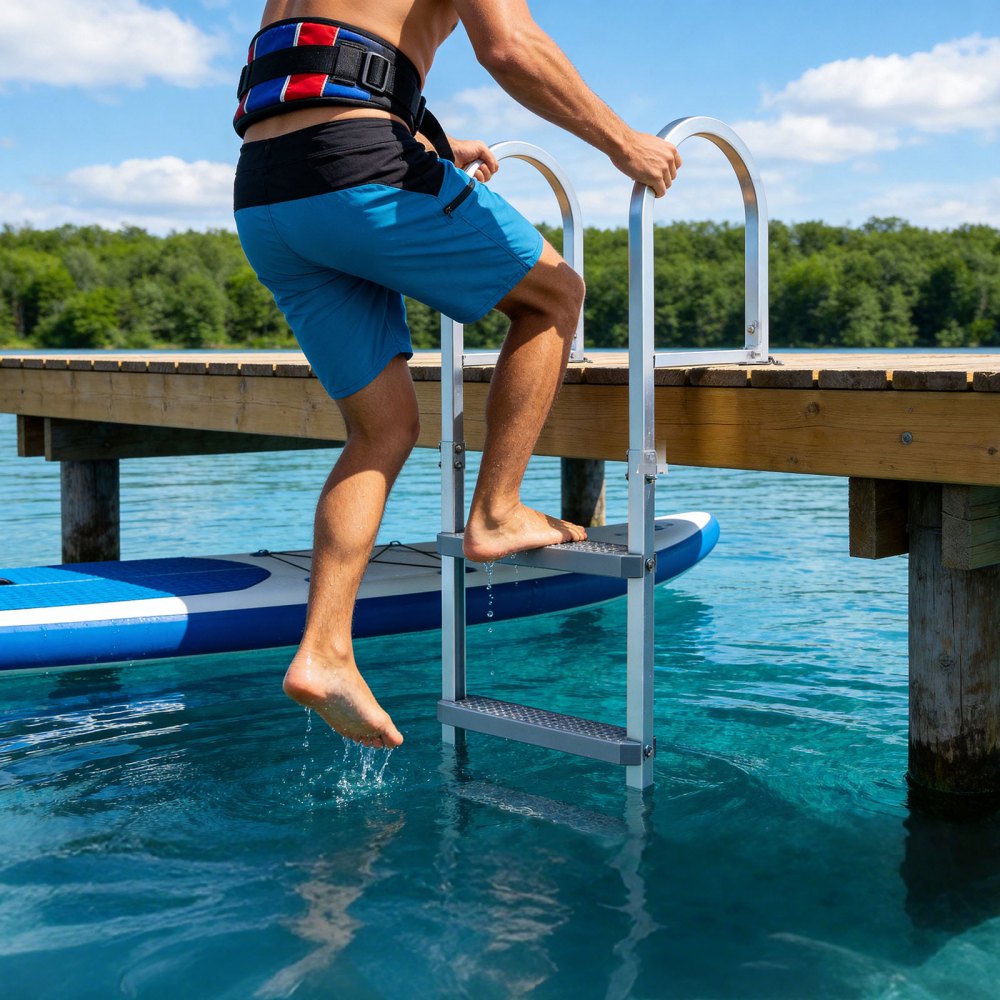 VEVOR Removable Dock Ladder, 3 Steps, Aluminum Alloy Pontoon Boat Swim Ladder, with Non-Slip Wide PP Steps, 227 kg Weight Capacity, Quick Release Design, for Lake Swimming, Pool, Marine Boarding
