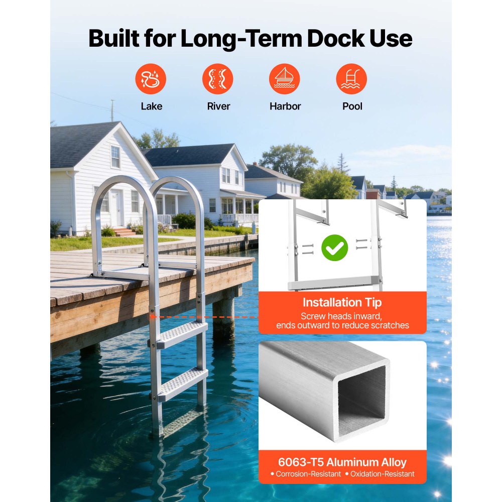 VEVOR Removable Dock Ladder, 3 Steps, Aluminum Alloy Pontoon Boat Swim Ladder, with Non-Slip Wide PP Steps, 227 kg Weight Capacity, Quick Release Design, for Lake Swimming, Pool, Marine Boarding