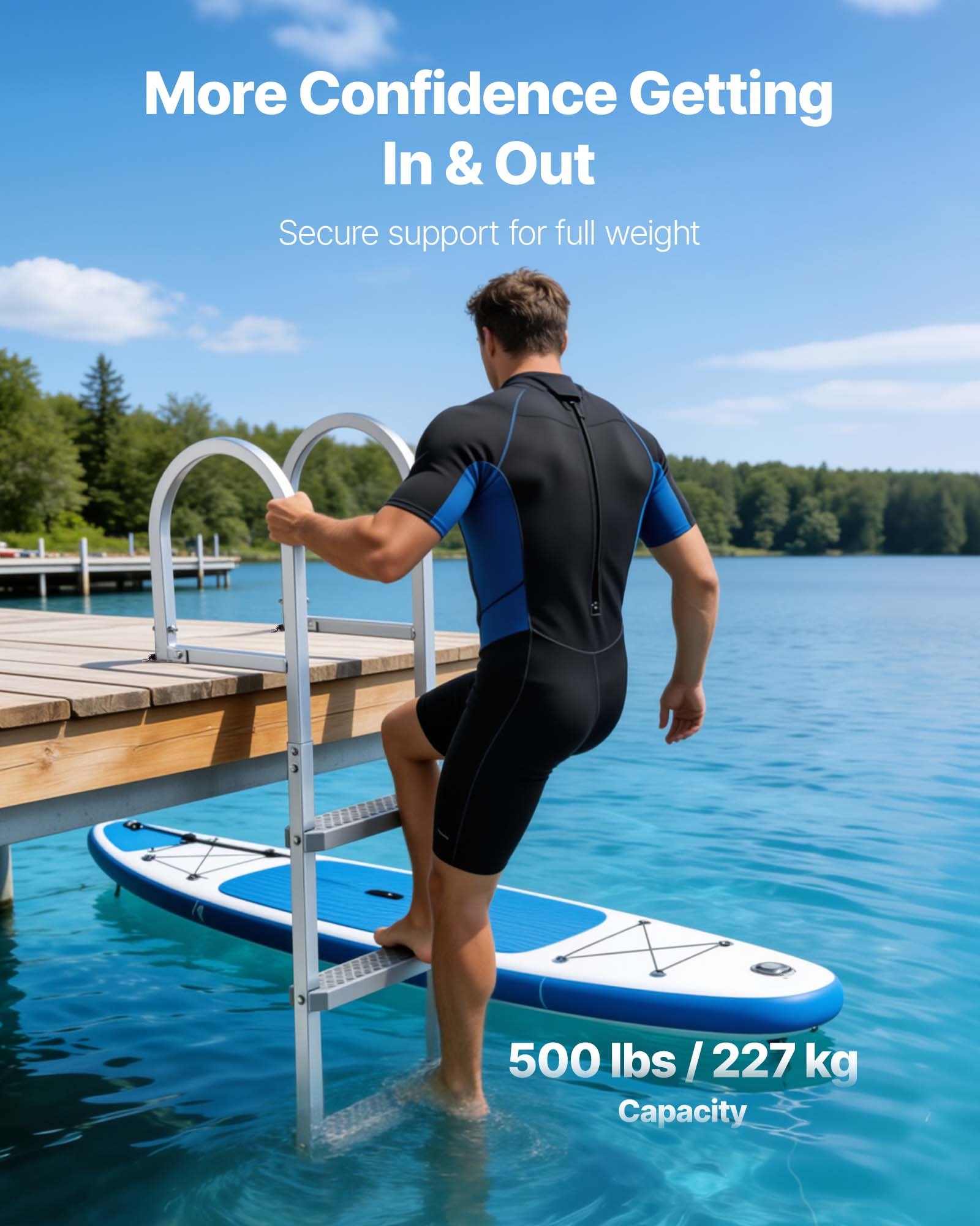 VEVOR Removable Dock Ladder, 3 Steps, Aluminum Alloy Pontoon Boat Swim Ladder, with Non-Slip Wide PP Steps, 227 kg Weight Capacity, Quick Release Design, for Lake Swimming, Pool, Marine Boarding