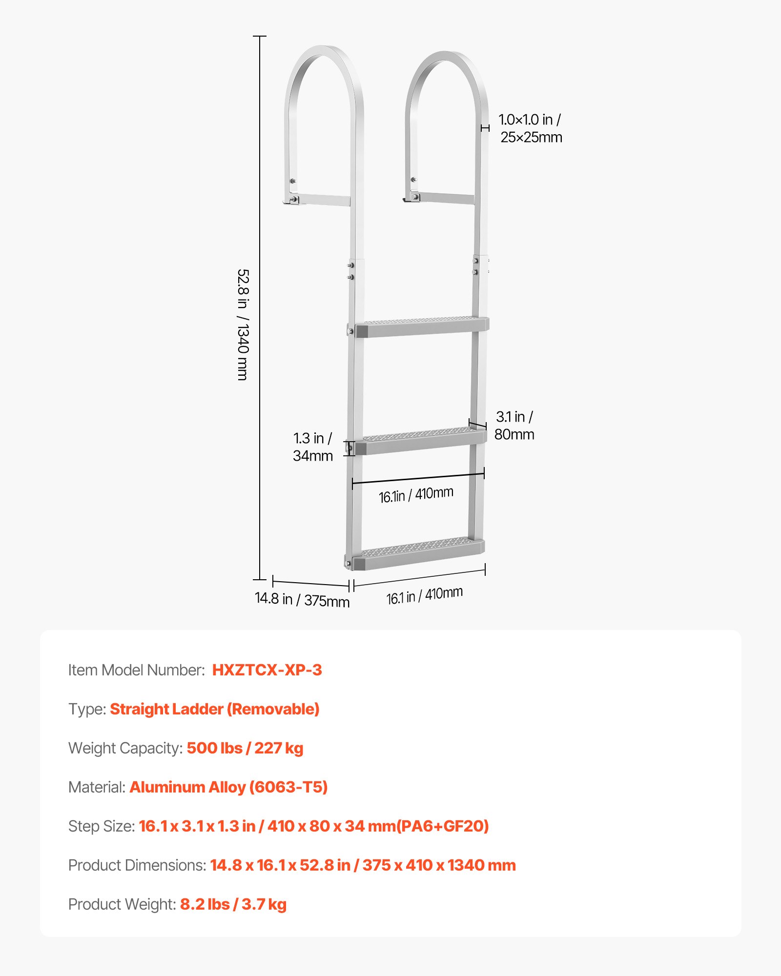 VEVOR Removable Dock Ladder, 3 Steps, Aluminum Alloy Pontoon Boat Swim Ladder, with Non-Slip Wide PP Steps, 227 kg Weight Capacity, Quick Release Design, for Lake Swimming, Pool, Marine Boarding