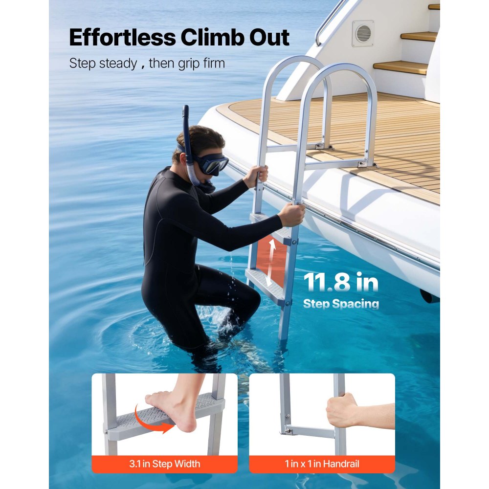 VEVOR Removable Dock Ladder, 4 Steps, Aluminum Alloy Pontoon Boat Swim Ladder, with Non-Slip Wide PP Steps, 227 kg Weight Capacity, Quick Release Design, for Lake Swimming, Pool, Marine Boarding