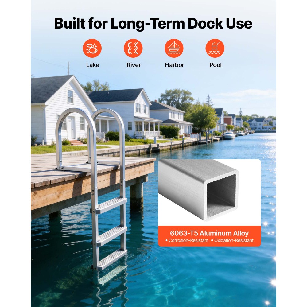 VEVOR Removable Dock Ladder, 4 Steps, Aluminum Alloy Pontoon Boat Swim Ladder, with Non-Slip Wide PP Steps, 227 kg Weight Capacity, Quick Release Design, for Lake Swimming, Pool, Marine Boarding
