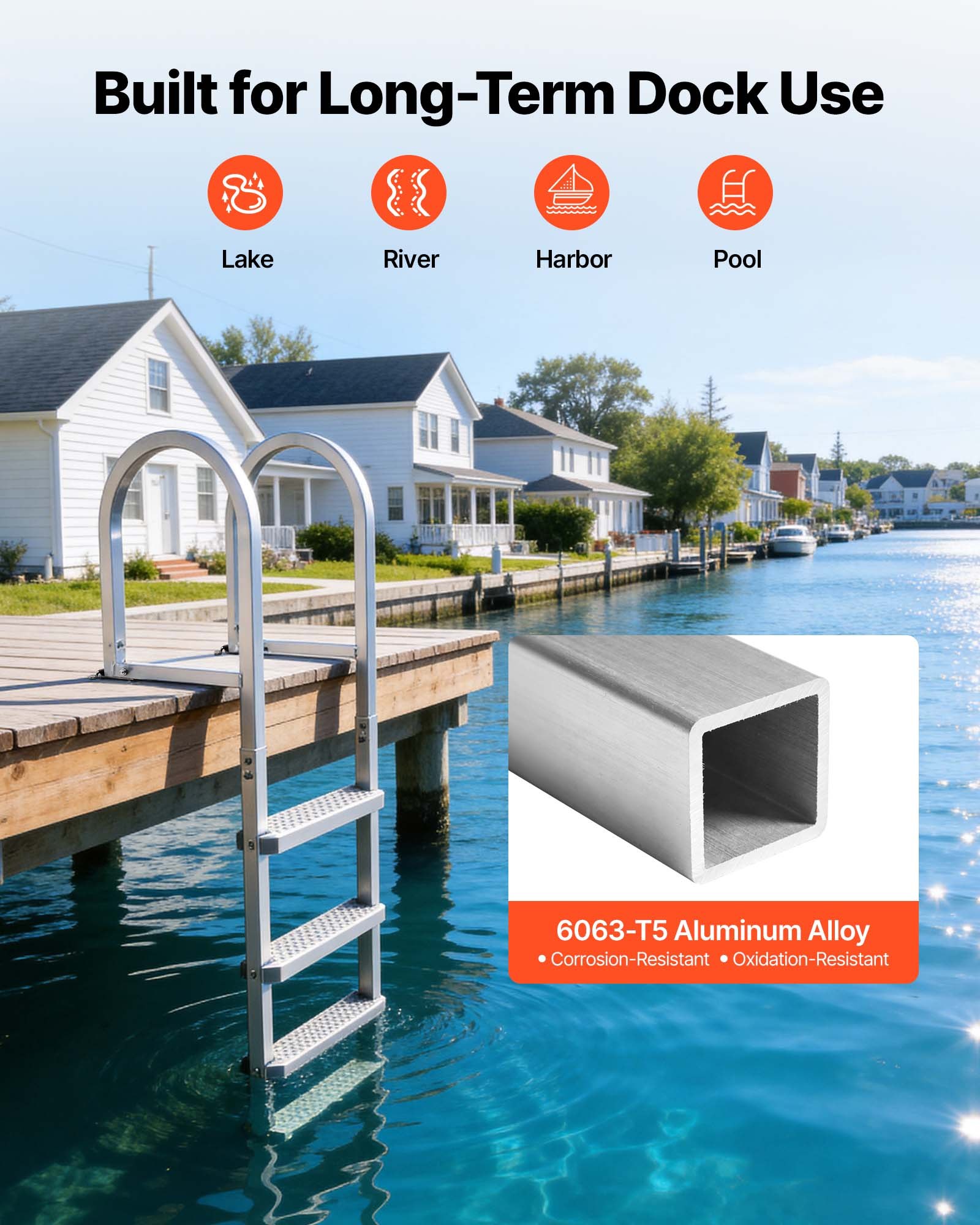 VEVOR Removable Dock Ladder, 4 Steps, Aluminum Alloy Pontoon Boat Swim Ladder, with Non-Slip Wide PP Steps, 227 kg Weight Capacity, Quick Release Design, for Lake Swimming, Pool, Marine Boarding