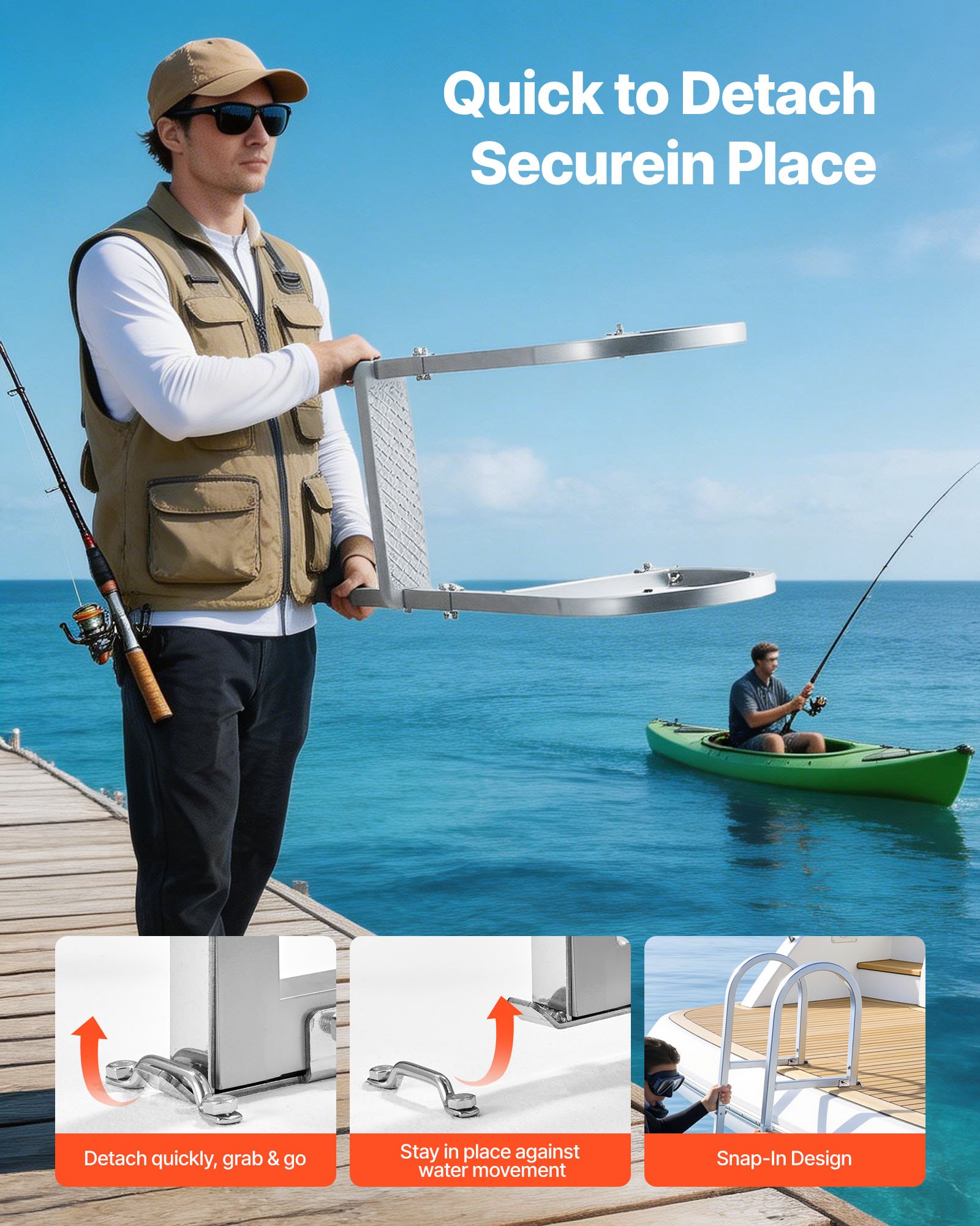 VEVOR Removable Dock Ladder, 4 Steps, Aluminum Alloy Pontoon Boat Swim Ladder, with Non-Slip Wide PP Steps, 227 kg Weight Capacity, Quick Release Design, for Lake Swimming, Pool, Marine Boarding