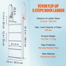 VEVOR Dock Ladder, Flip-Up 5 Steps, 350 lbs Load Capacity, Aluminum Alloy Pontoon Boat Ladder with 2'' Wide Step & Nonslip Rubber Mat, Easy to Install for Ship/Lake/Pool/Marine Boarding