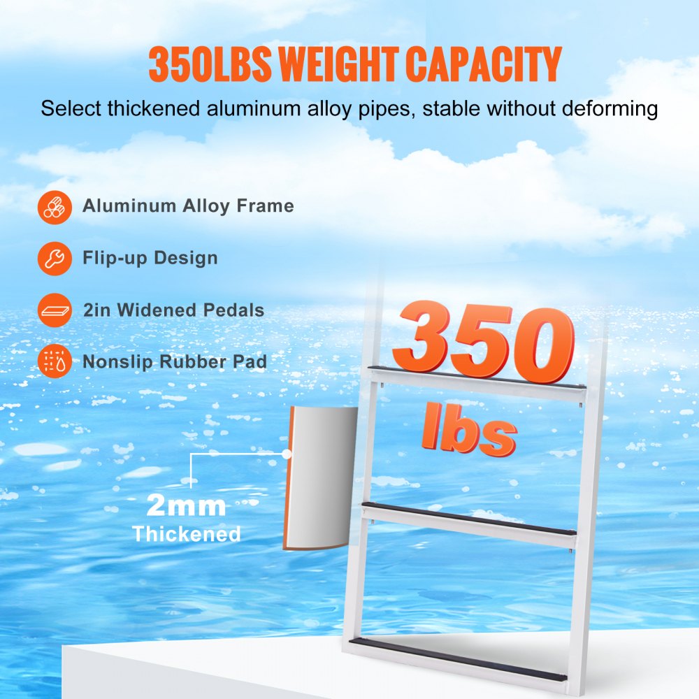 VEVOR Dock-stige, vippebar 3 trin, 350 lbs lastekapacitet, pontonbådstige i aluminiumslegering med 2'' bredt trin og skridsikker gummimåtte, nem at installere til skib/sø/pool/marinebord