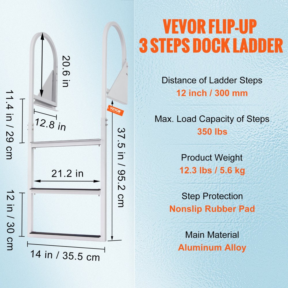 VEVOR Dock-stige, vippebar 3 trin, 350 lbs lastekapacitet, pontonbådstige i aluminiumslegering med 2'' bredt trin og skridsikker gummimåtte, nem at installere til skib/sø/pool/marinebord