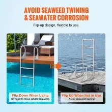 VEVOR Dock Ladder, Flip-Up 3 Steps, 350 lbs Load Capacity, Aluminum Alloy Pontoon Boat Ladder with 2'' Wide Step & Nonslip Rubber Mat, Easy to Install for Ship/Lake/Pool/Marine Boarding