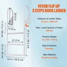 VEVOR Dock Ladder, Flip-Up 3 Steps, 350 lbs Load Capacity, Aluminum Alloy Pontoon Boat Ladder with 2'' Wide Step & Nonslip Rubber Mat, Easy to Install for Ship/Lake/Pool/Marine Boarding