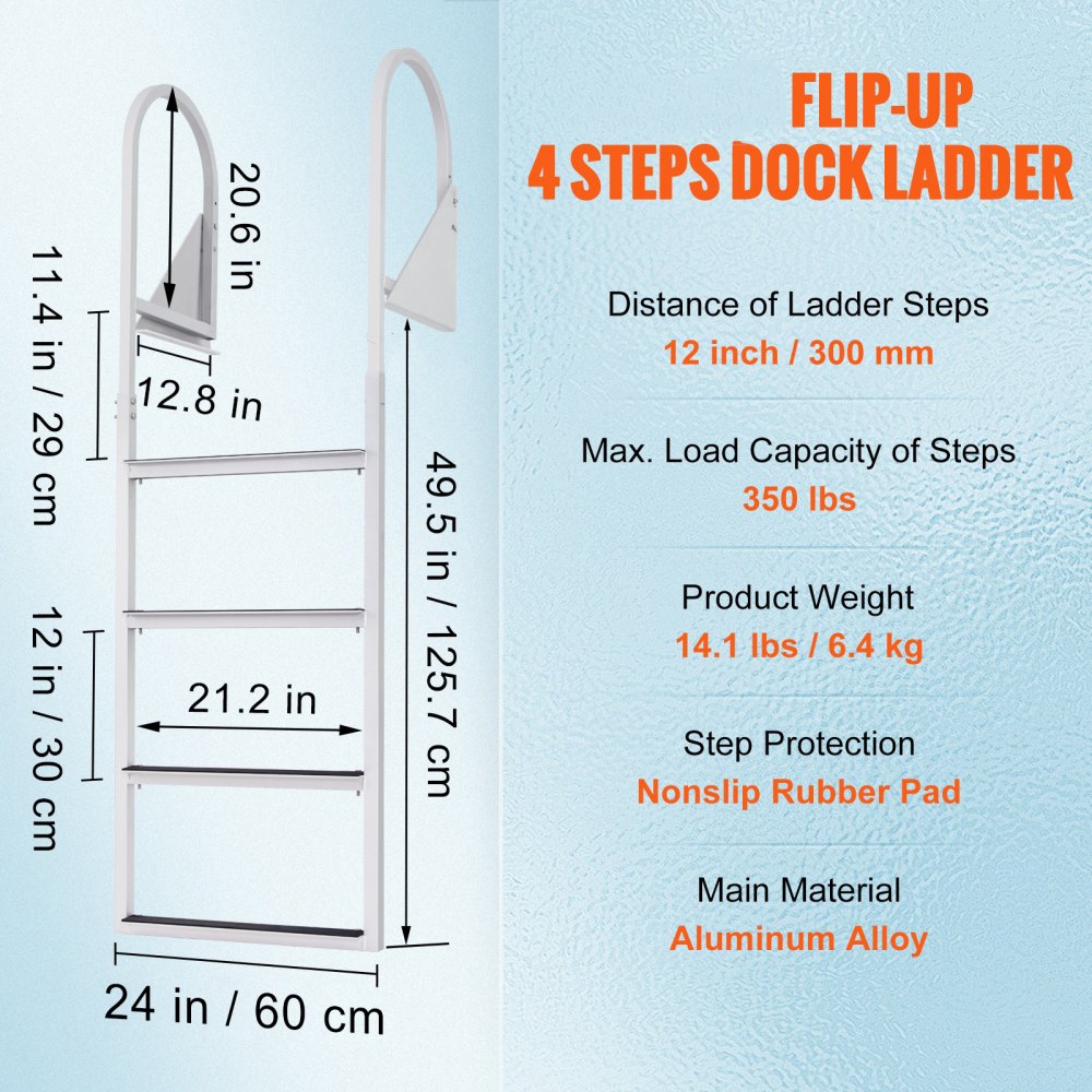 VEVOR Dock Ladder Flip-Up 4 Steps, 350 lbs Load Capacity, Aluminum Alloy Pontoon Boat Ladder with Nonslip Mat, Swimming Ladder for Ship/Lake/Pool/Marine Boarding