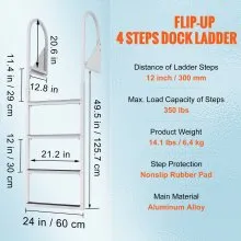 VEVOR Dock Ladder, Flip-Up 4 Steps, 350 lbs Load Capacity, Aluminum Alloy Pontoon Boat Ladder with 2'' Wide Step & Nonslip Rubber Mat, Easy to Install for Ship/Lake/Pool/Marine Boarding