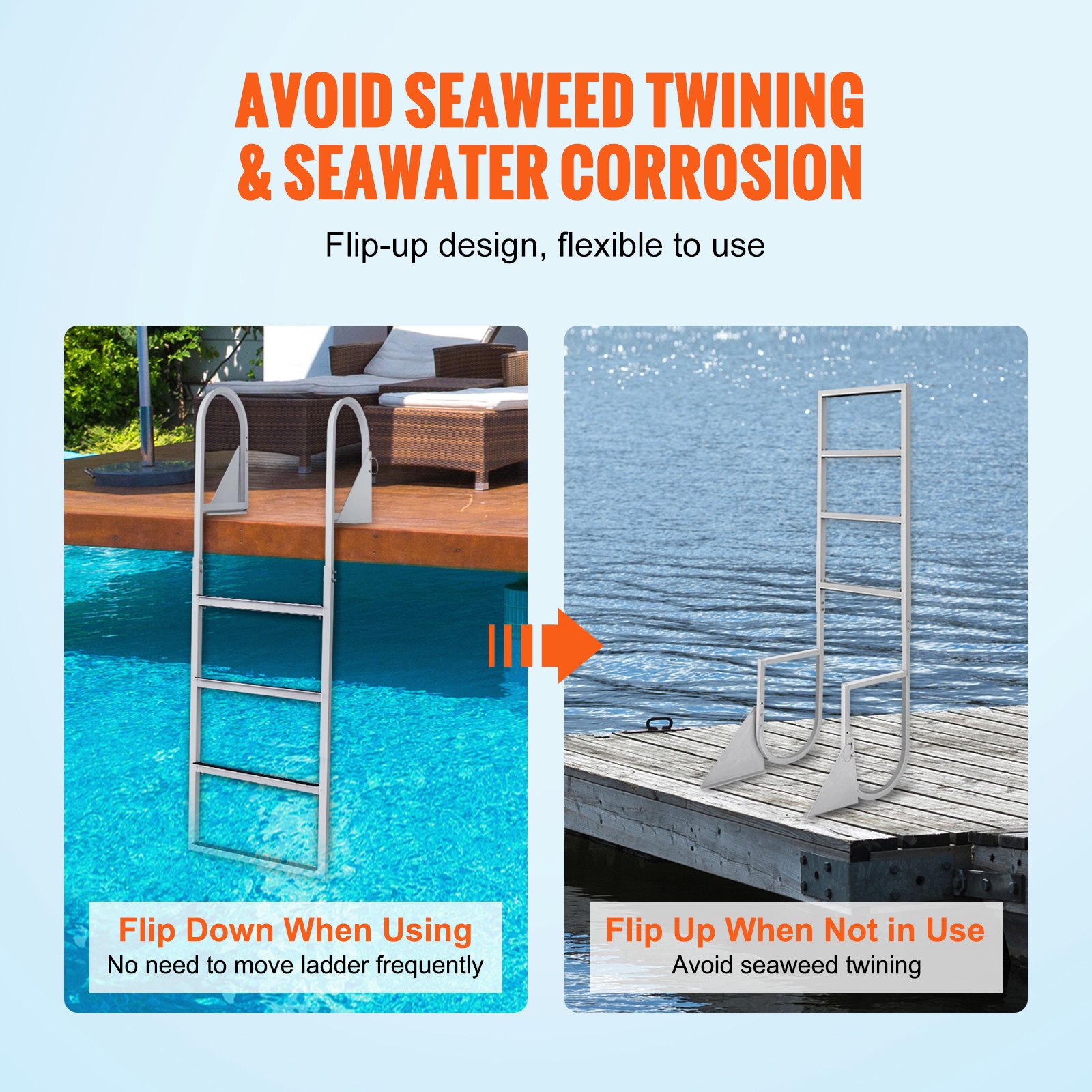 VEVOR Dock Ladder Flip-Up 4 Steps, 350 lbs Load Capacity, Aluminum Alloy Pontoon Boat Ladder with Nonslip Mat, Swimming Ladder for Ship/Lake/Pool/Marine Boarding