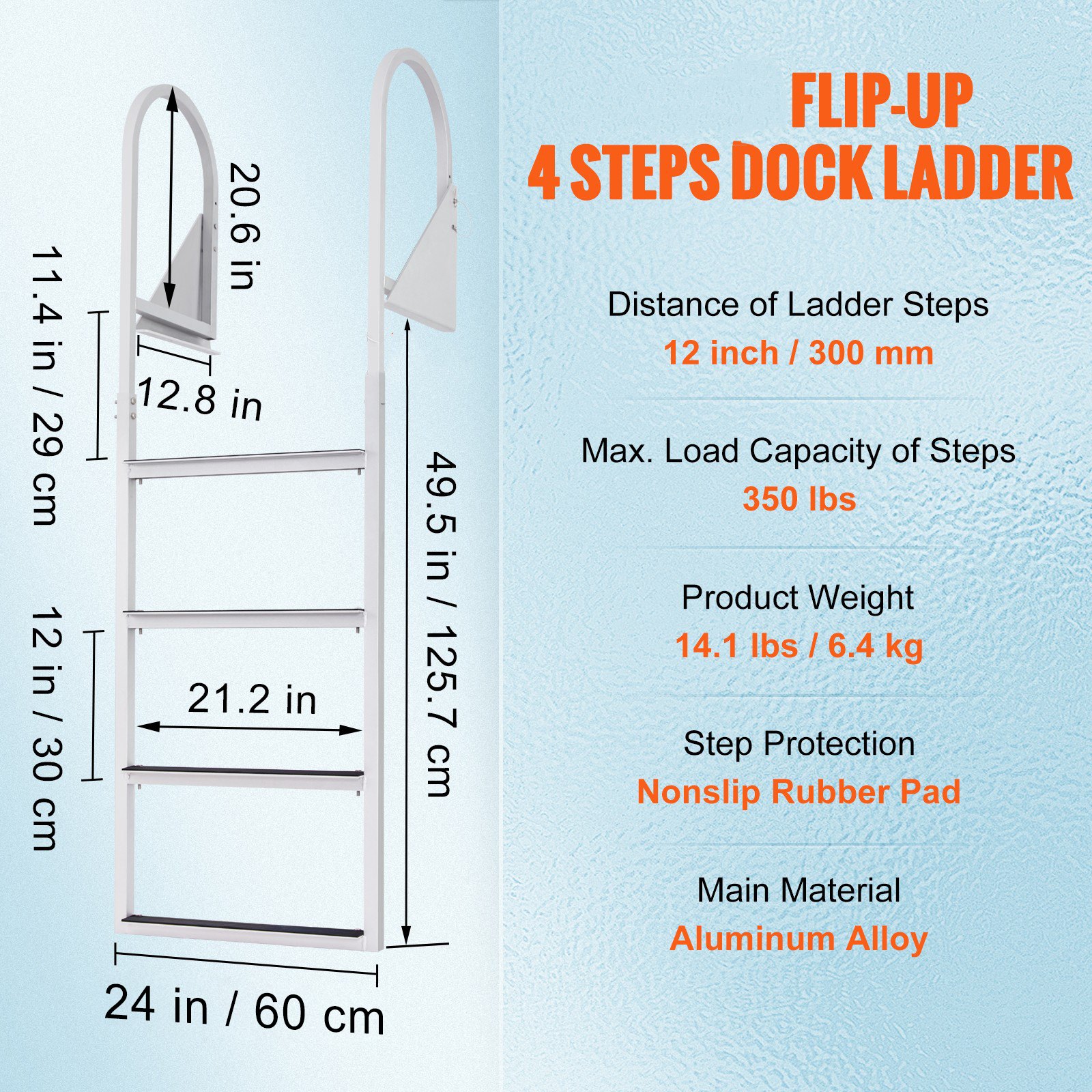 VEVOR Dock Ladder Flip-Up 4 Steps, 350 lbs Load Capacity, Aluminum Alloy Pontoon Boat Ladder with Nonslip Mat, Swimming Ladder for Ship/Lake/Pool/Marine Boarding