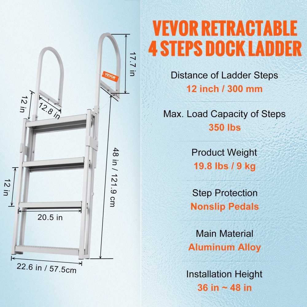 VEVOR Dock Ladder, Retractable 4 Steps, 350 lbs Load Capacity, Aluminum Alloy Pontoon Boat Ladder with 55.1''-67.1'' Adjustable Height, 4'' Wide Step & Anti-Slip Design Pedal, for Ship/Lake/Pool/Marine Boarding