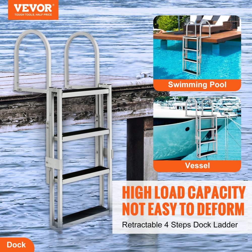 VEVOR Dock Ladder, Retractable 4 Steps, 350 lbs Load Capacity, Aluminum Alloy Pontoon Boat Ladder with 55.1''-67.1'' Adjustable