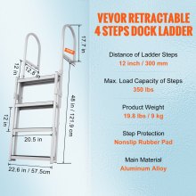 VEVOR Dock Ladder, Retractable 4 Steps, 159 kgs Load Capacity, Aluminum Alloy Pontoon Boat Ladder with 55.1''-67.1'' Adjustable Height, 4'' Wide Step & Rubber Mat, for Ship/Lake/Pool/Marine Boarding